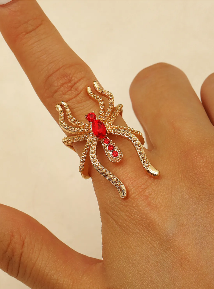 Statement Gothic Rhinestone Spider Ring: Red/Gold