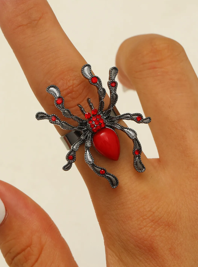 Statement Gothic Rhinestone Spider Ring: Gunmetal/Red