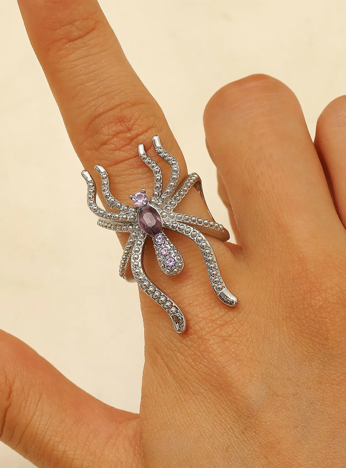 Statement Gothic Rhinestone Spider Ring: Silver/Purple